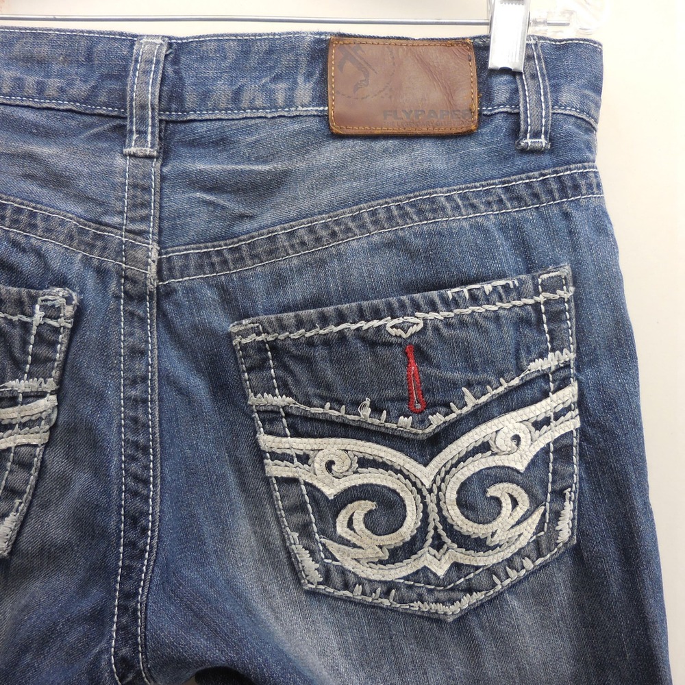 Flypaper Mens Straight Leg Embroidered Pocket‎ Jeans Blue Medium Wash 32x30